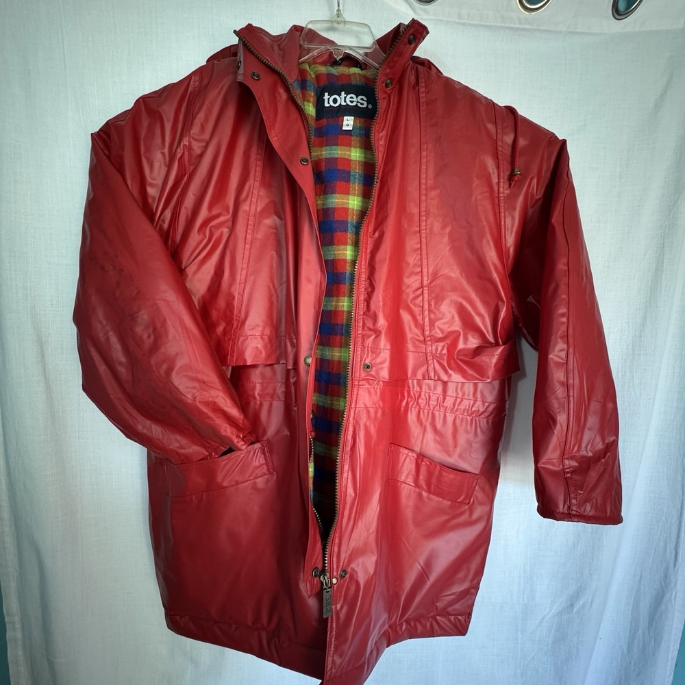 Vintage Totes Red PVC Rain Coat Jacket Plaid Lining Hooded Waterproof‎ Large